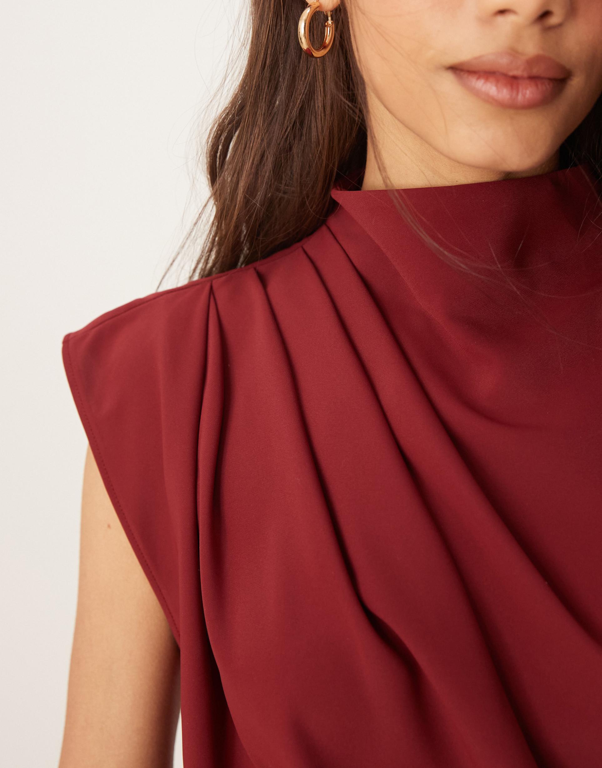 asos design high neck sleeveless midi dress with draped neck in burgundy