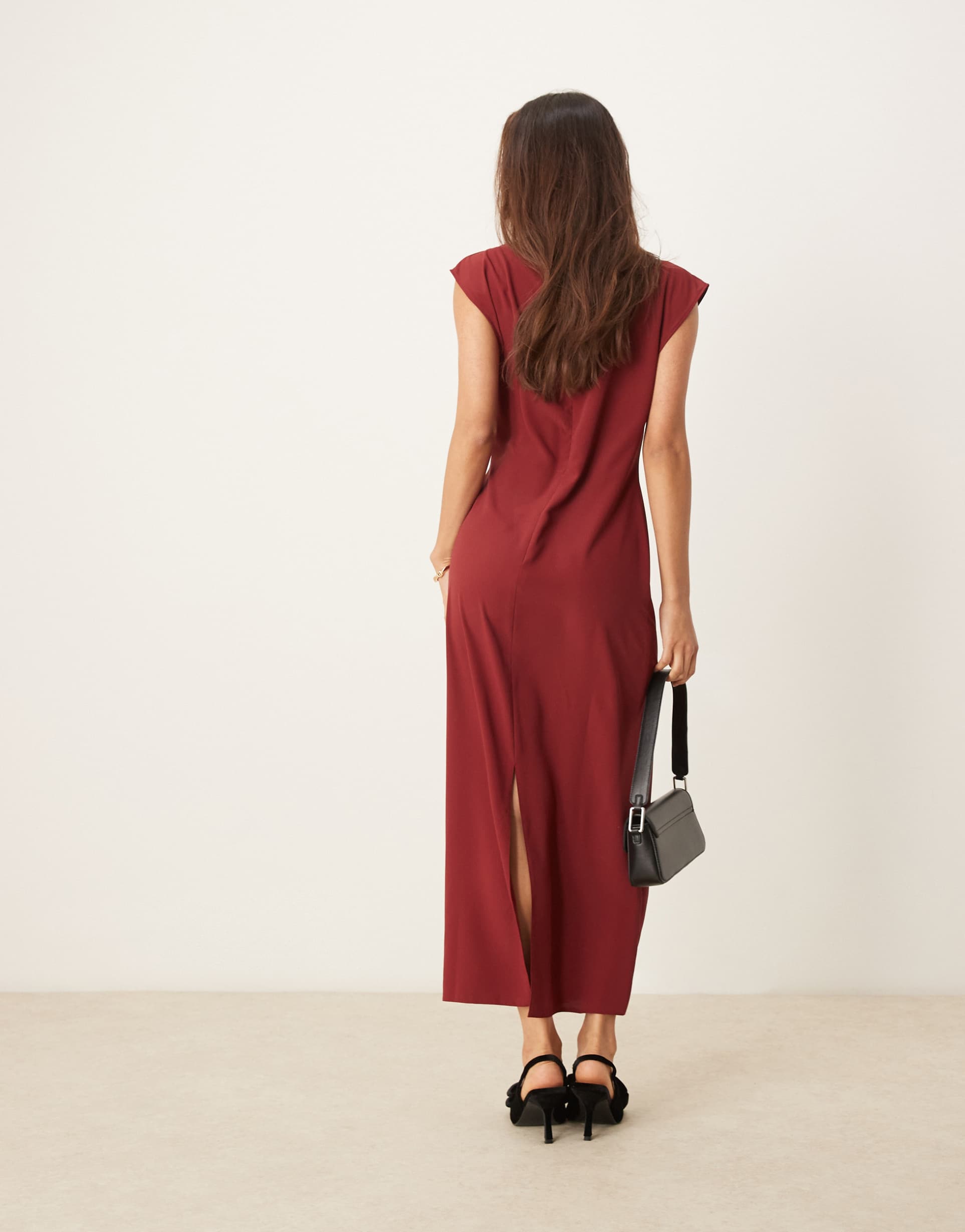 asos design high neck sleeveless midi dress with draped neck in burgundy