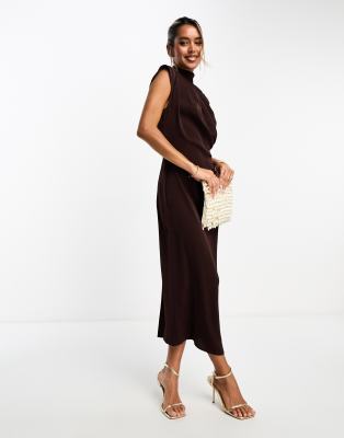 Asos Design High Neck Sleeveless Midi Dress With Draped Neck In Chocolate-brown