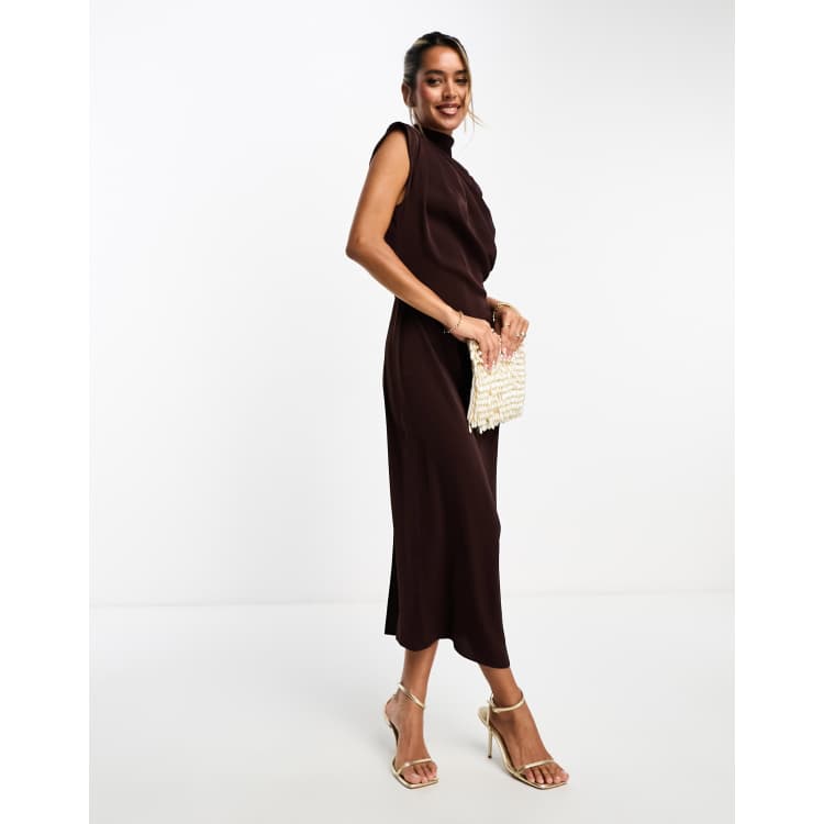 ASOS DESIGN high neck sleeveless midi dress with draped neck in chocolate