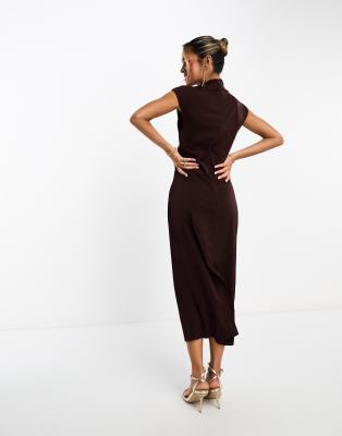 ASOS DESIGN high neck sleeveless midi dress with draped neck in chocolate