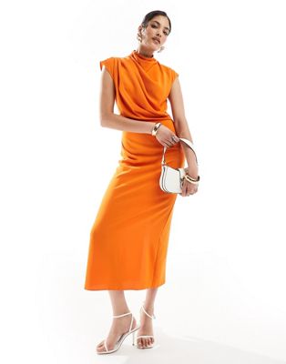 Asos Design High Neck Sleeveless Midi Dress With Draped Neck In Orange