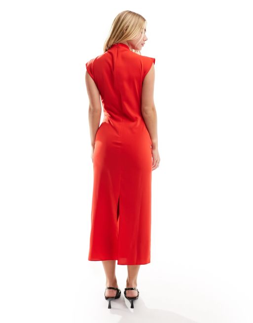 ASOS DESIGN high neck sleeveless midi dress with draped neck in red, 4 of 4