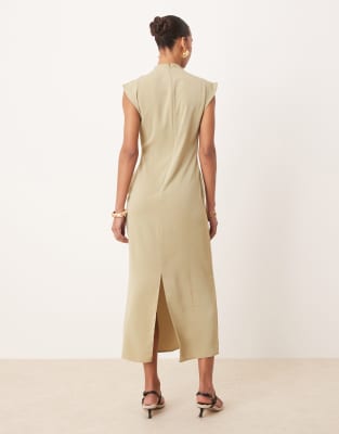 ASOS DESIGN high neck sleeveless midi dress with draped neck in sage green