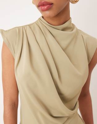 ASOS DESIGN high neck sleeveless midi dress with draped neck in sage green