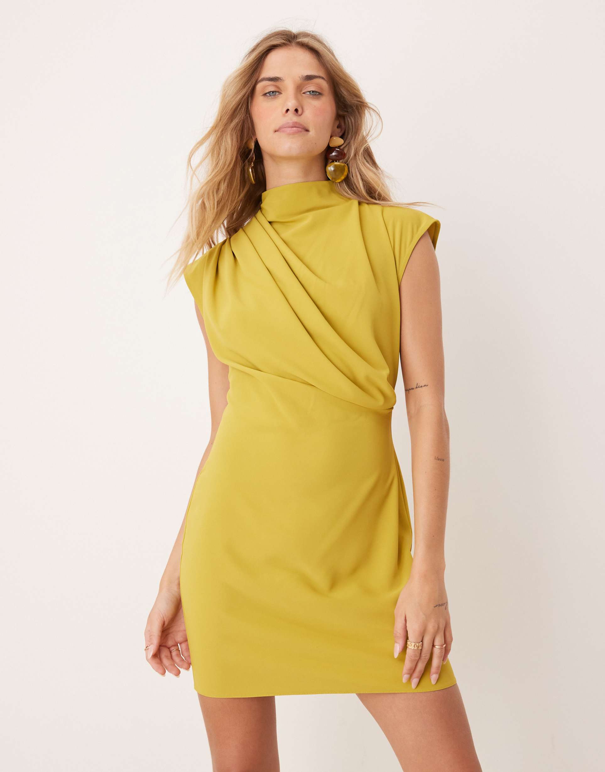 asos design high neck sleeveless mini dress with draped neck in gold