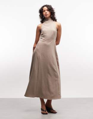 Asos Design High Neck Sleeveless Swing Linen Look Maxi Dress In Neutral