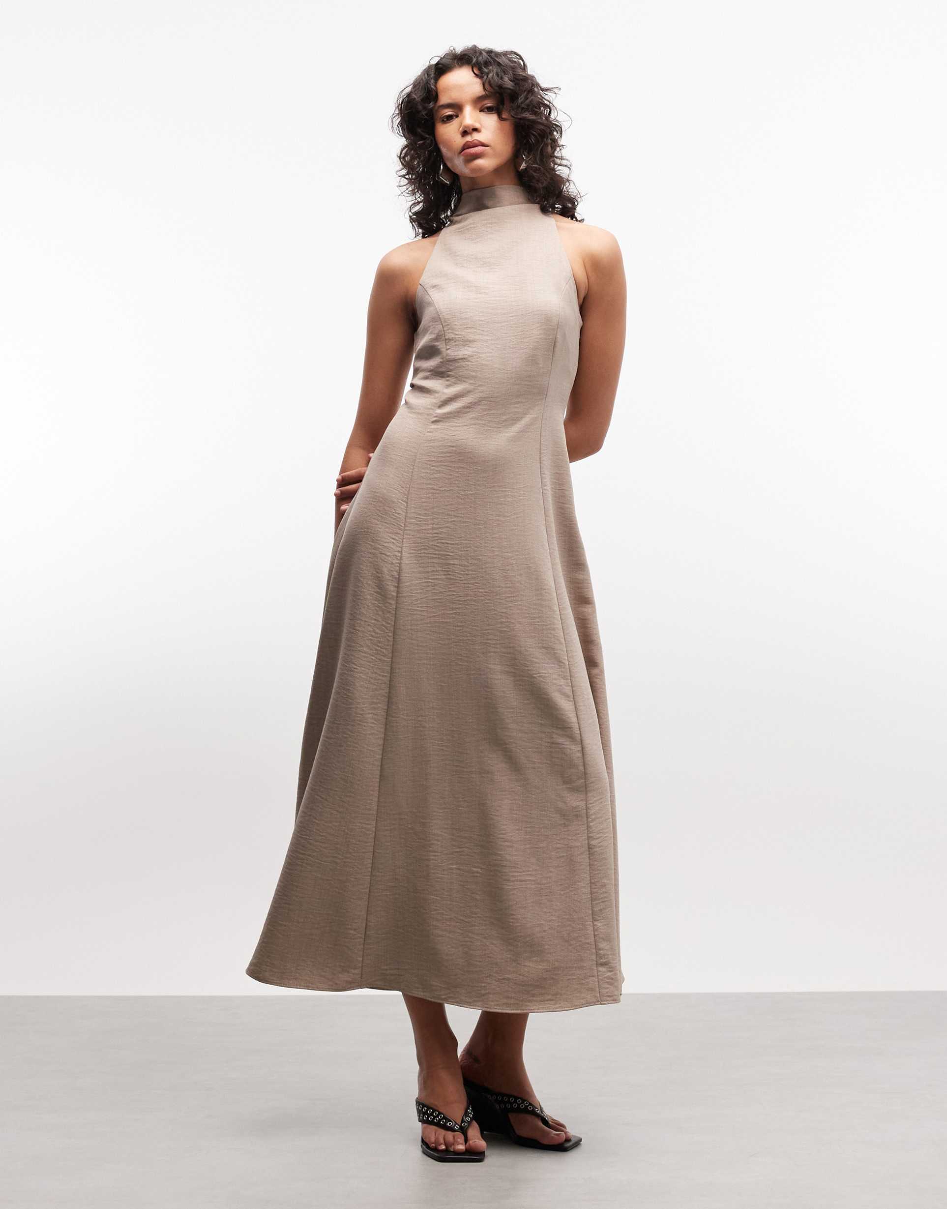 asos design high neck sleeveless swing linen look maxi dress in oat