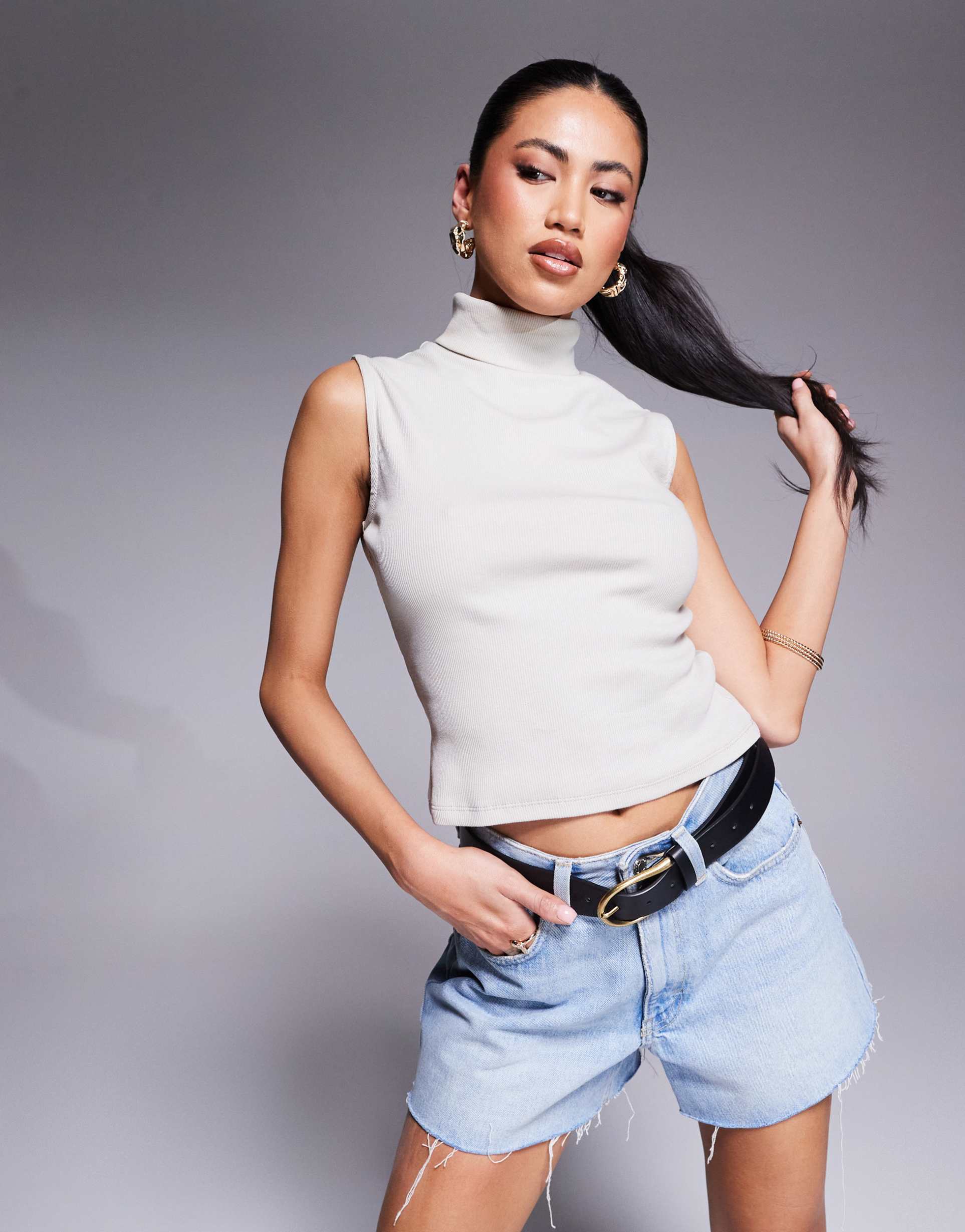 asos design high neck sleeveless top in stone