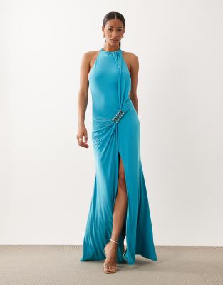 ASOS DESIGN high neck slinky maxi dress with draped metal hardware in turquiose