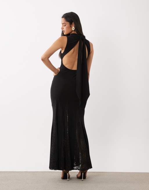 ASOS DESIGN high neck slinky maxi dress with lace godets and open back in black, 4 of 4