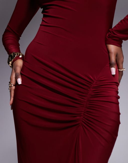 ASOS DESIGN high neck slinky maxi dress with ruched skirt detail in burgundy