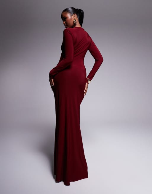 ASOS DESIGN high neck slinky maxi dress with ruched skirt detail in burgundy