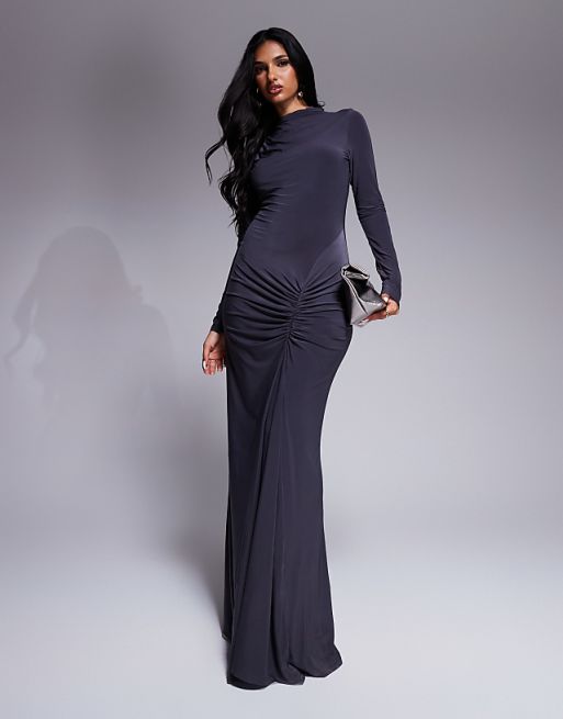 long skirt dresses ARRANGE contrast fabric sculpted maxi dress with pleat in black which means they will be approximately floor length for clients from 57 to 59 wearing from a 2 to 4 heel ASOS DESIGN high neck slinky