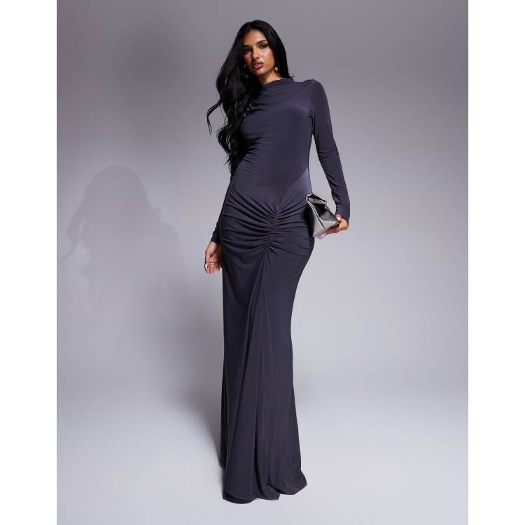 navy blue dress for baby girl Charcoal Grey Slinky Backless High Neck Tie Maxi Dress from Plt main image 1