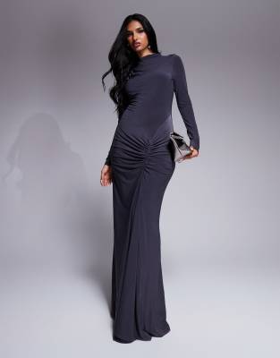 asos design high neck slinky maxi dress with ruched skirt detail in charcoal