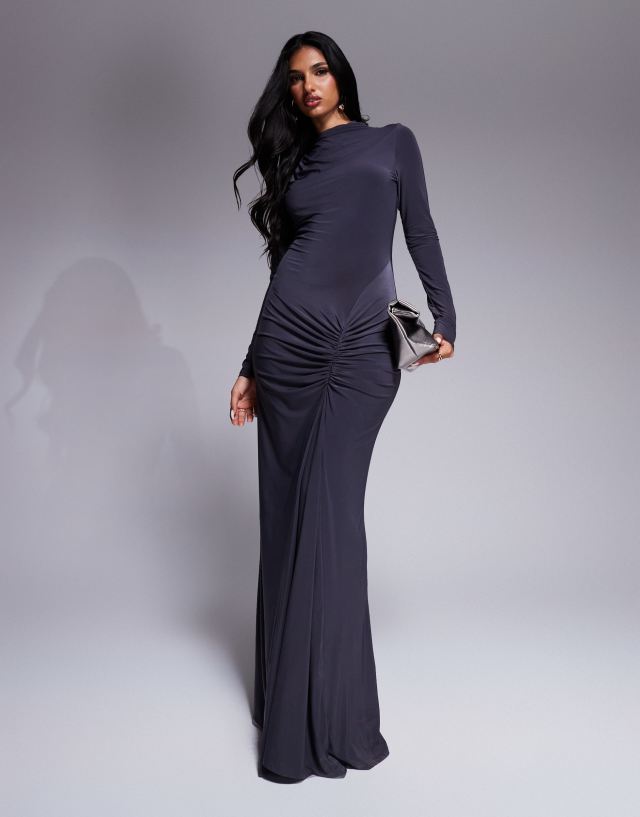 charcoal grey slinky backless high neck tie maxi dress ASOS DESIGN with ruched skirt detail in Mini dress