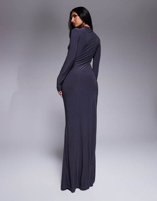 ASOS DESIGN high neck slinky maxi dress with ruched skirt detail in charcoal