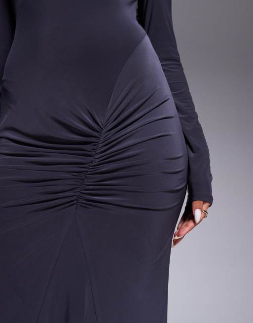 ASOS DESIGN high neck slinky maxi dress with ruched skirt detail in charcoal