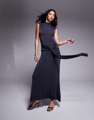 Asos Design High Neck Slinky Maxi Dress With Snake Hardware Trim In Charcoal-gray