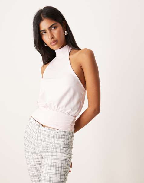 ASOS DESIGN high neck slinky top with cinch waistband in pastel pink - view 1
