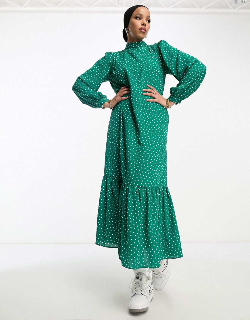 ASOS DESIGN high neck smock maxi dress in green spot-Multi