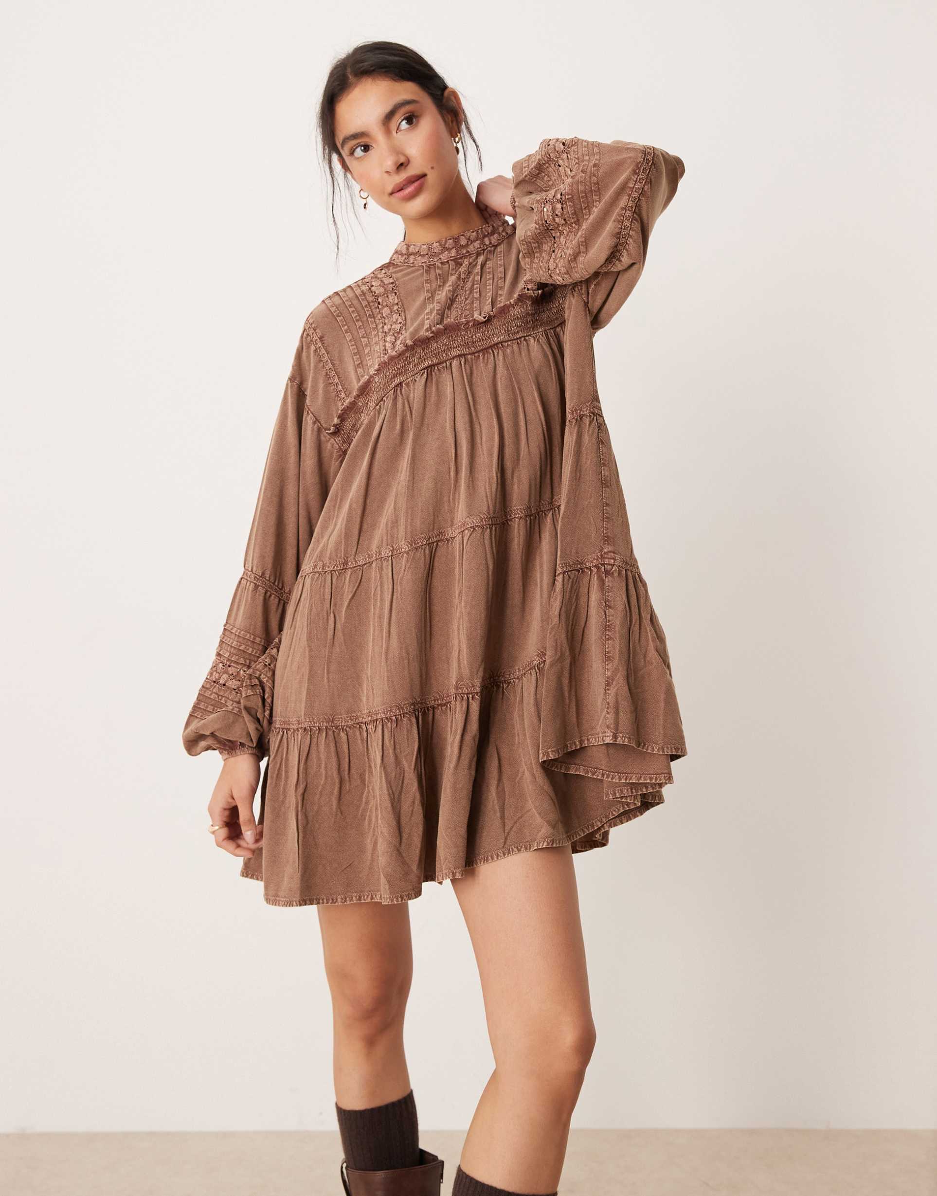 asos design high neck smock mini dress with lace trims in brown