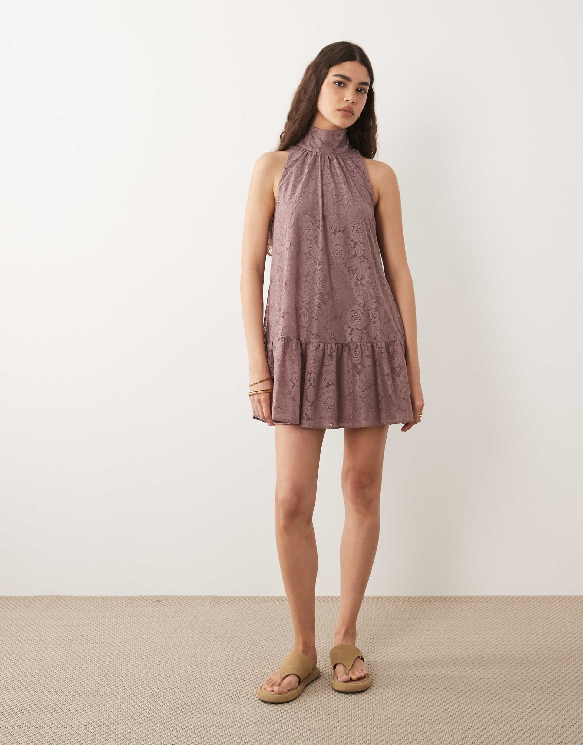 asos design high neck smock mini lace dress in lilac