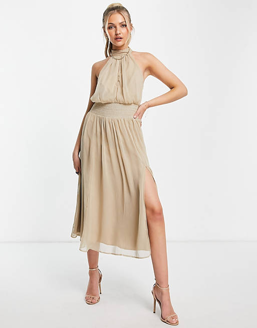 ASOS DESIGN high neck soft midi dress with shirred waist detail in stone