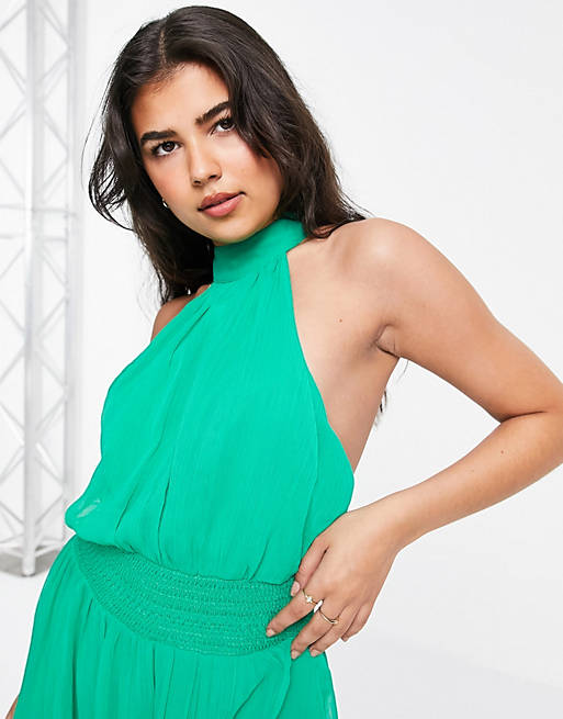  high neck soft mini dress with shirred waist detail in jade green 