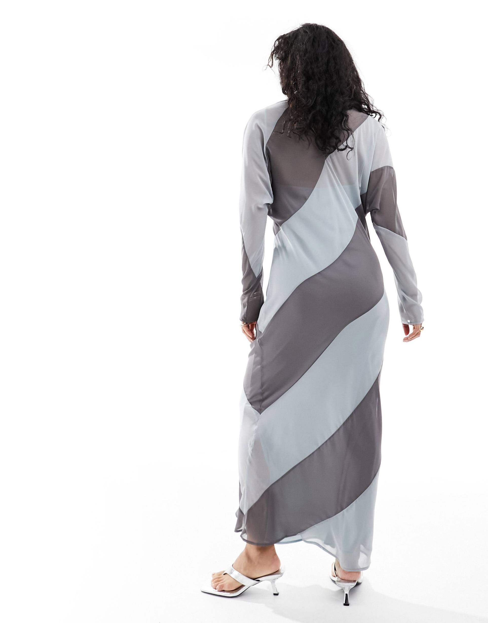 asos design high neck stripe maxi dress in charcoal