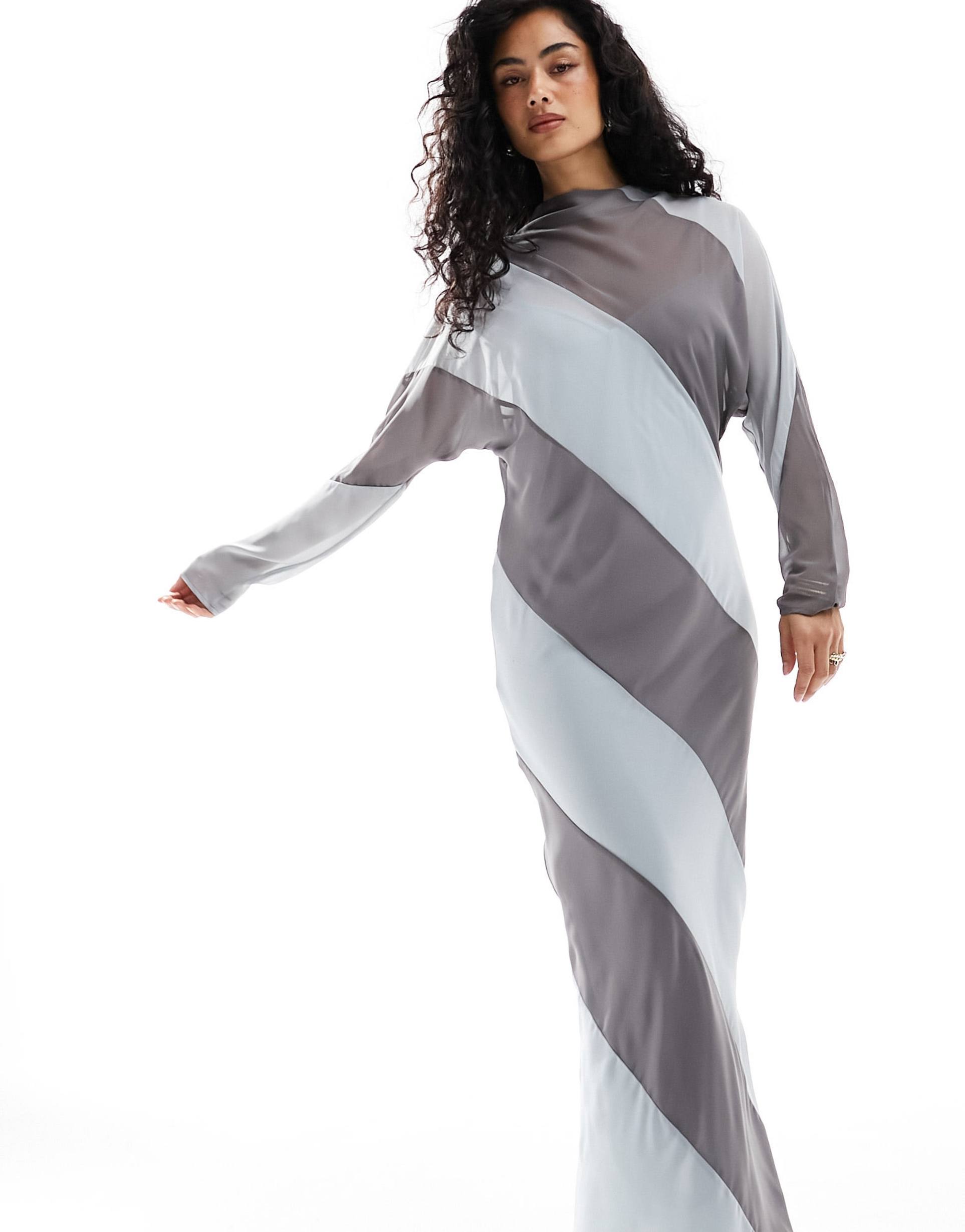 asos design high neck stripe maxi dress in charcoal
