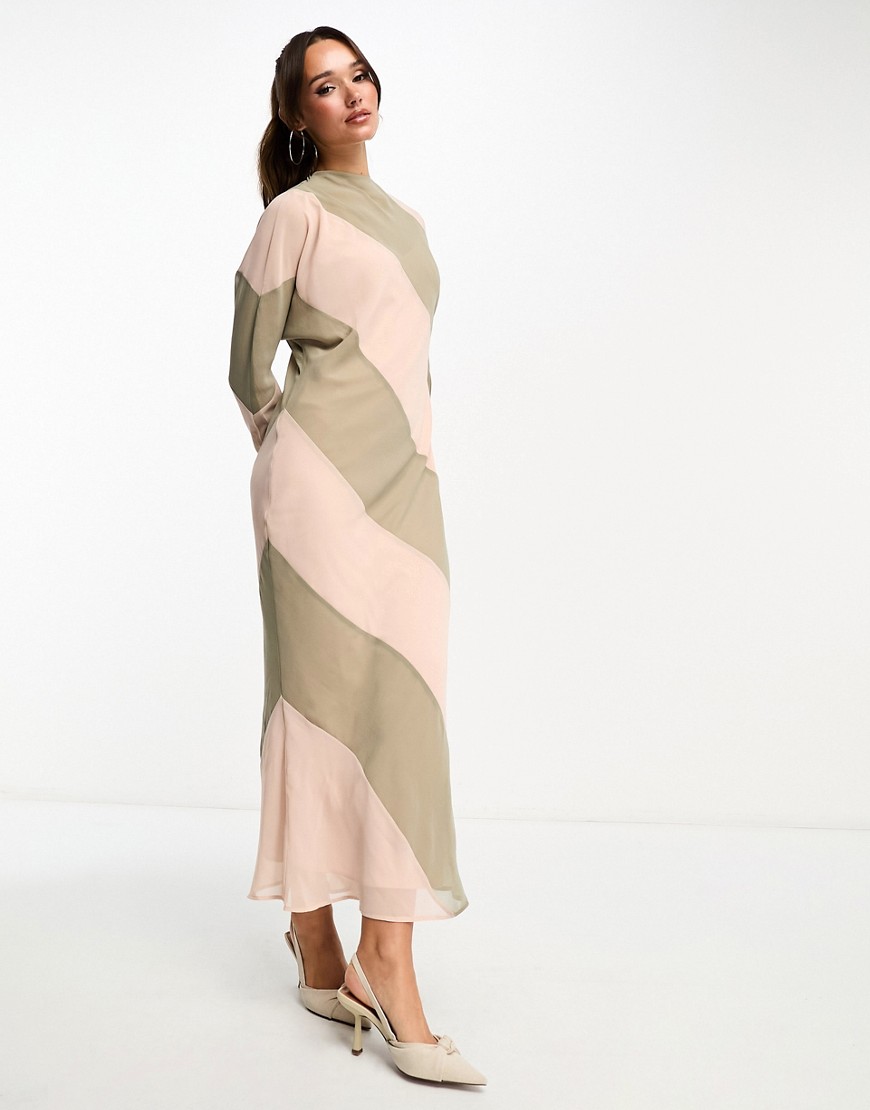 ASOS DESIGN high neck stripe maxi dress in taupe and pink-Multi