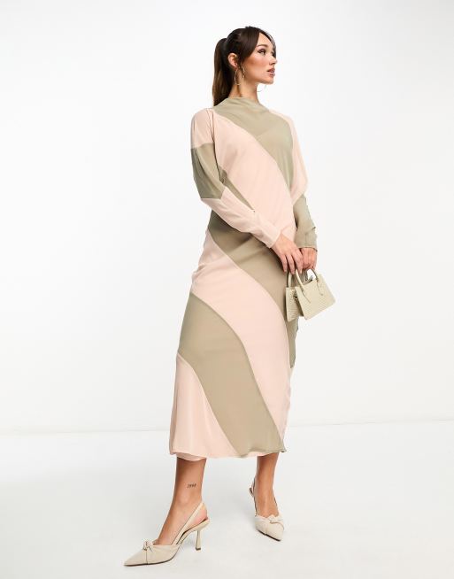 ASOS DESIGN high neck stripe maxi dress in taupe and pink ASOS