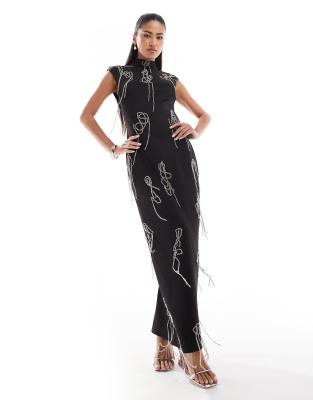 high neck structured maxi dress with scattered chain embellishment in black