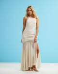 [ASOS DESIGN] ASOS DESIGN high neck structured maxi dress with waved hem and chiffon godet skirt in stone-Neutral 14 STONE