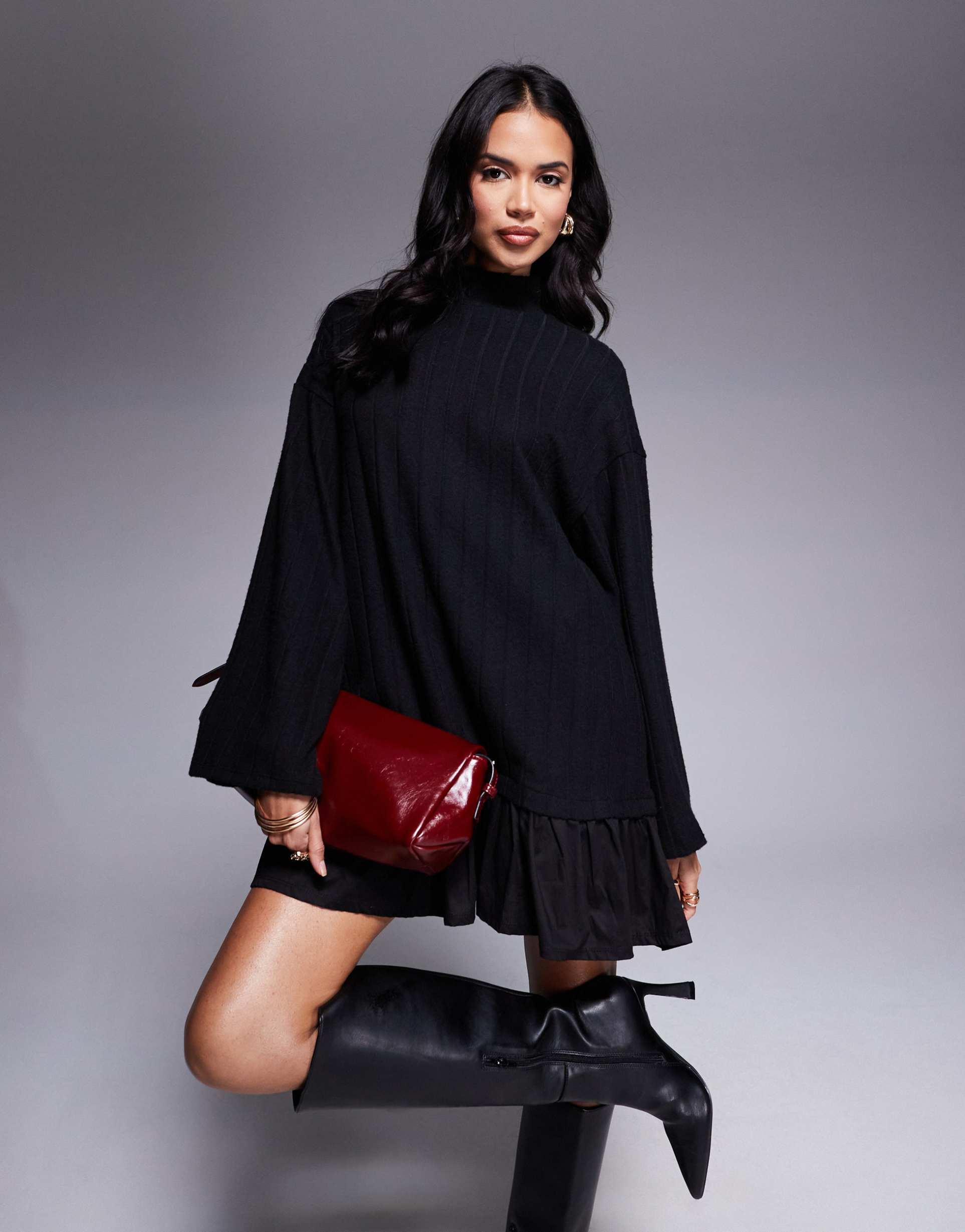 asos design high neck sweater dress with poplin mini skirt in black