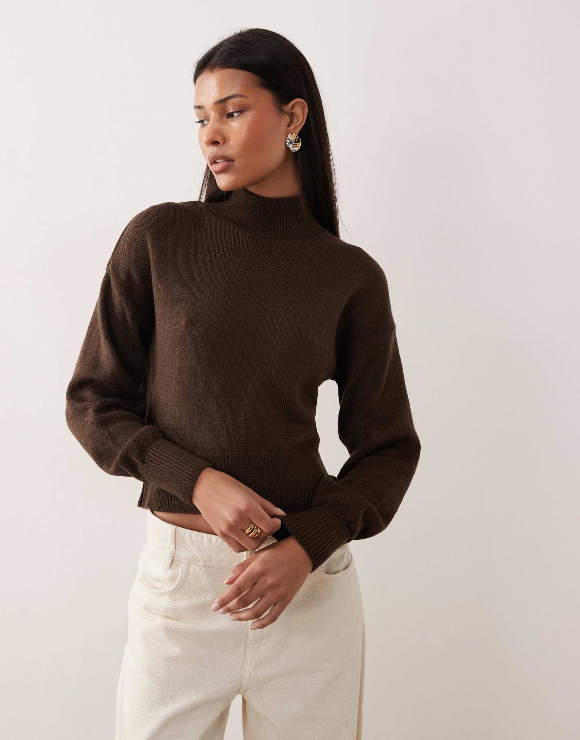 asos design high neck sweater in chocolate