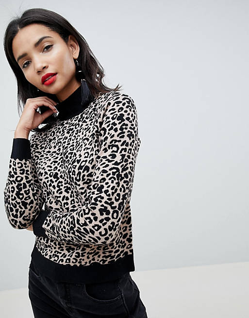 ASOS DESIGN high neck sweater in fine knit in leopard