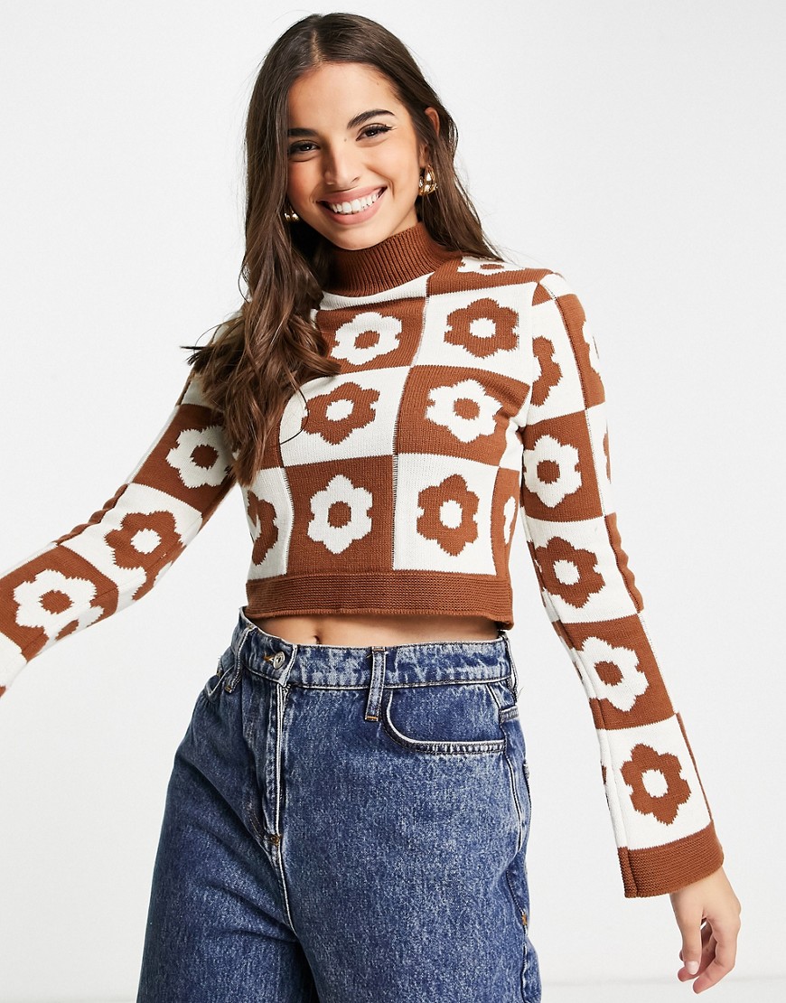 ASOS Design high neck sweater in floral check-Brown
