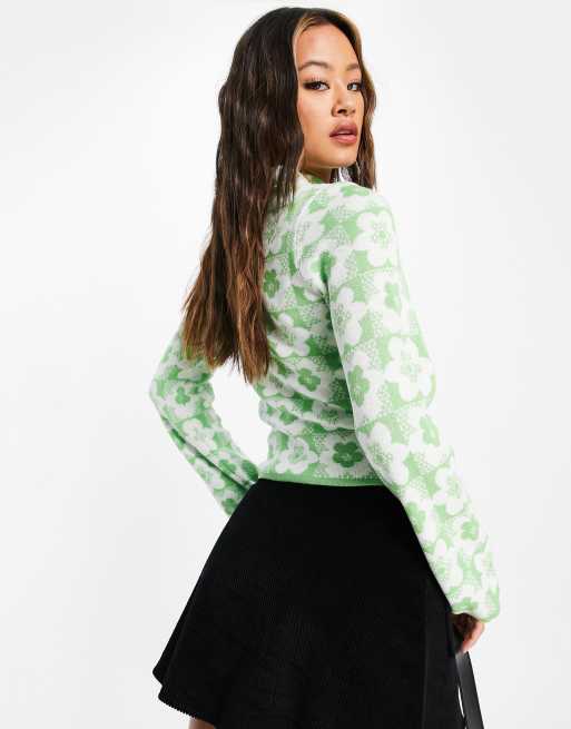 ASOS DESIGN high neck sweater in floral plaid pattern in green