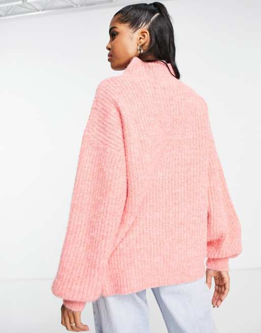 ASOS DESIGN high neck sweater in fluffy yarn in pink