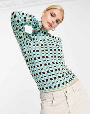 ASOS DESIGN high neck sweater in geo check pattern in multi | ASOS
