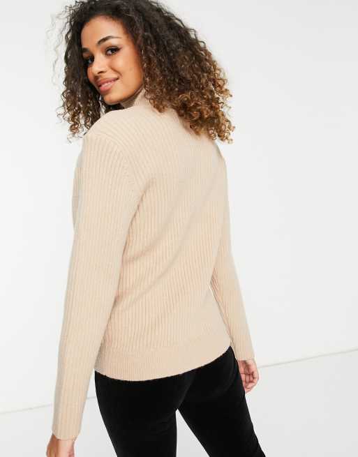 ASOS DESIGN high neck sweater in multi rib with shoulder detail in cream, 2 of 4