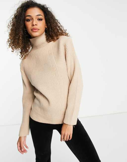 ASOS DESIGN high neck sweater in multi rib with shoulder detail in cream, 3 of 4