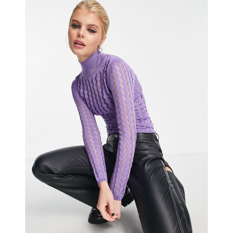 Mango pointelle high neck sweater in lilac