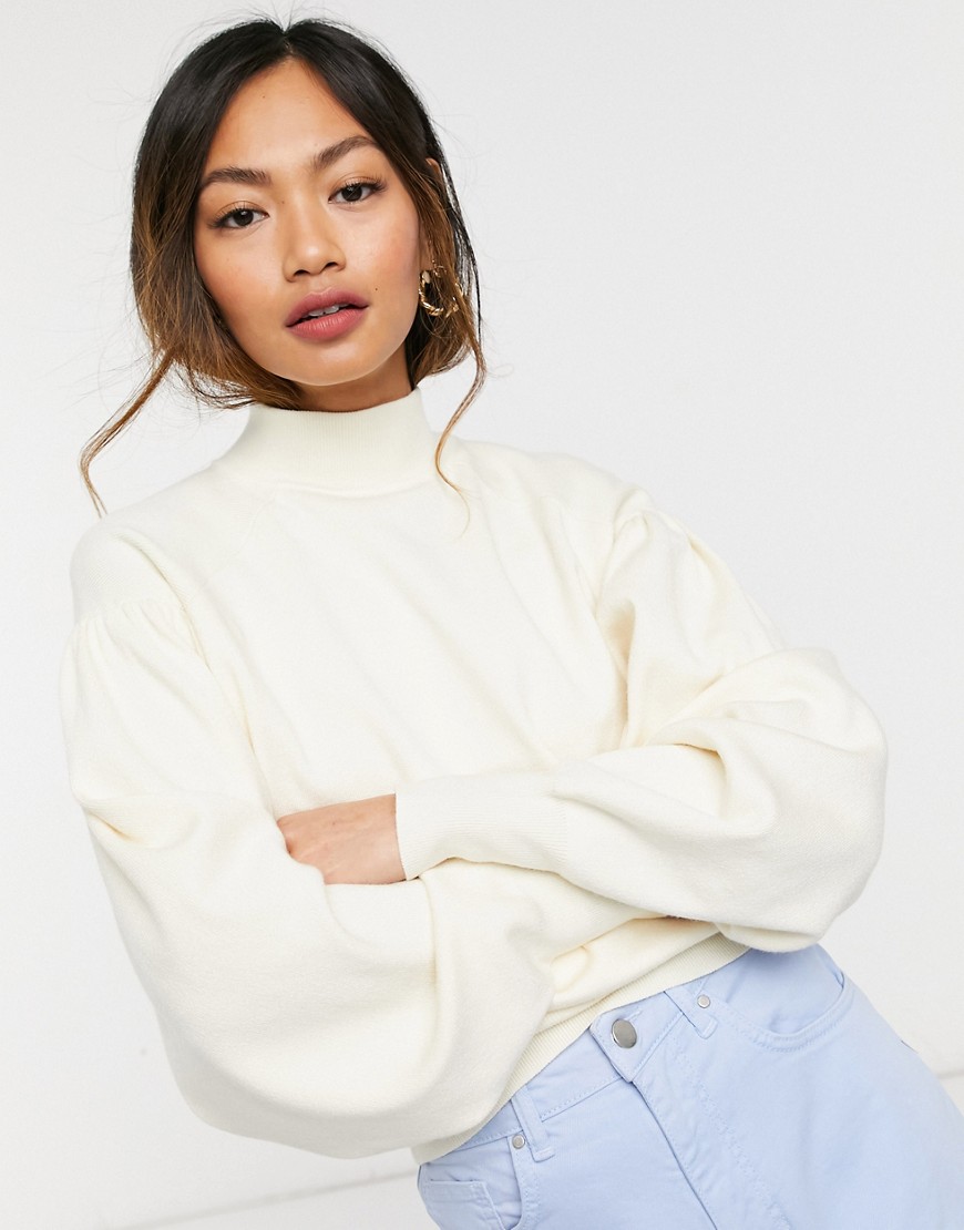 ASOS DESIGN high neck sweater with batwing sleeves in cream-White