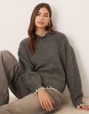 Asos Design High Neck Sweater With Blanket Stitch Detail In Multi