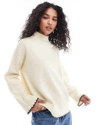 Asos Design High Neck Sweater With Blanket Stitch In Cream-white