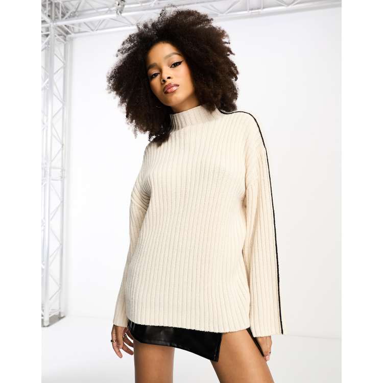 ASOS DESIGN high neck sweater with contrast seam detail in cream